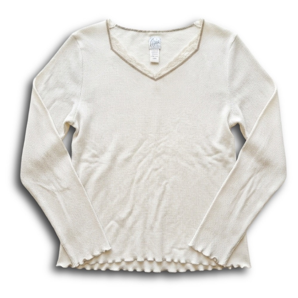 Aria Womens Cream Waffle Knit Thermal Top Lace Trim V-Neck Long Sleeve Large